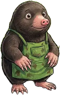 MOLEHILL, a mole in a green work apron